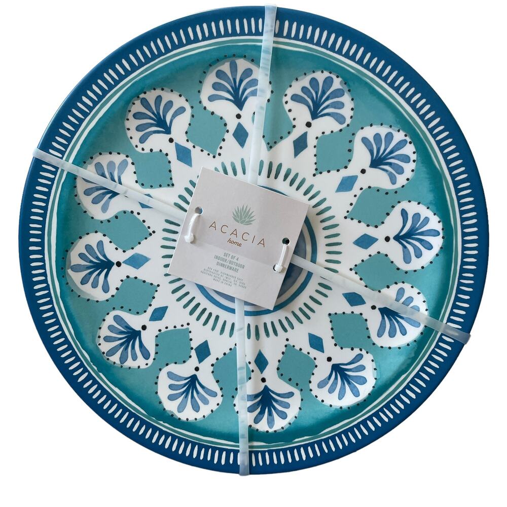 ACADIA HOME Melamine 10.5" Dinner Plates Set 4 Blue Teal White Iznik Print NEW - Picture 1 of 8
